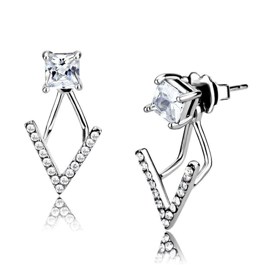 DA292 - High polished (no plating) Stainless Steel Earrings with AAA Grade CZ in Clear-0