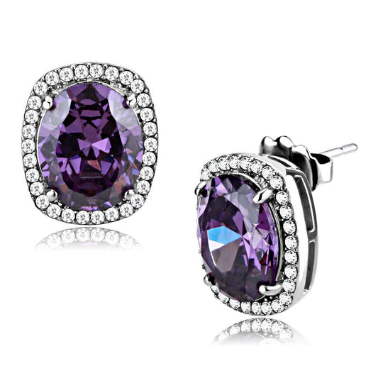DA298 - High polished (no plating) Stainless Steel Earrings with AAA Grade CZ in Amethyst-0