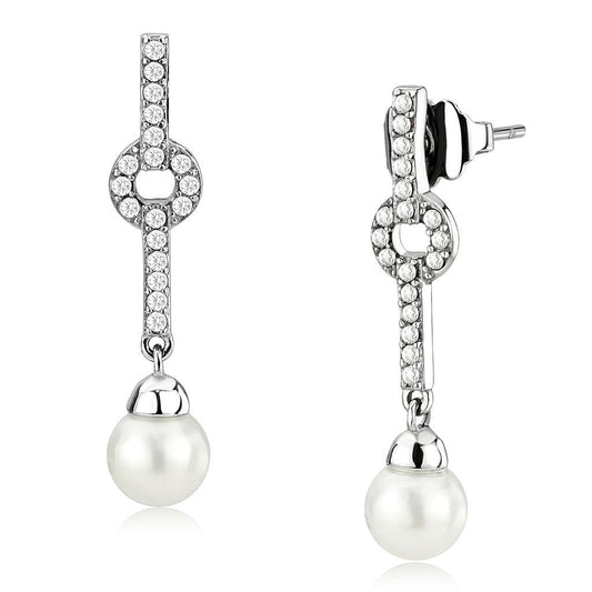 DA370 - High polished (no plating) Stainless Steel Earrings with Synthetic Pearl in White-0