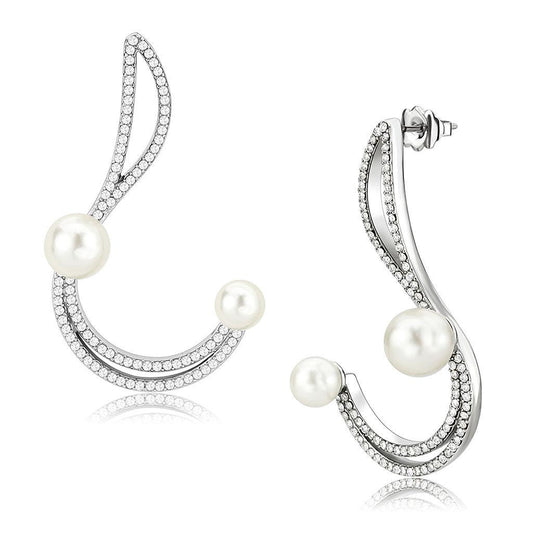 DA375 - High polished (no plating) Stainless Steel Earrings with Synthetic Pearl in White-0