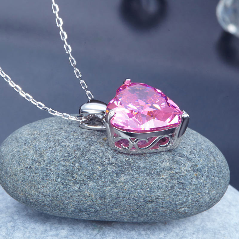 925 Sterling Silver Bridesmaid Heart Pendant Necklace 5 Carat Pink Bridal Jewelry XFN8044-3