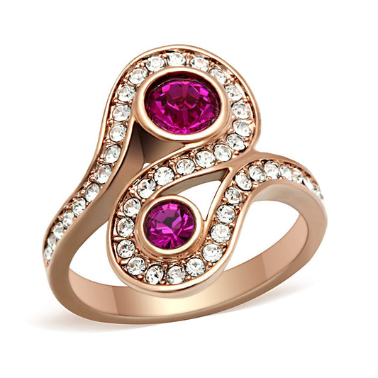 GL153 - IP Rose Gold(Ion Plating) Brass Ring with Top Grade Crystal in Fuchsia-0