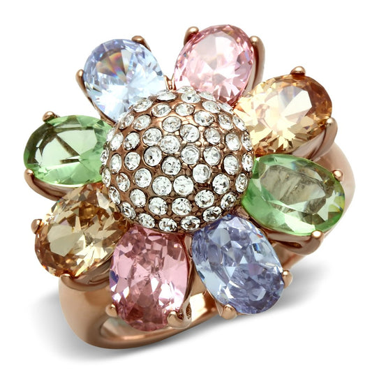 GL224 - IP Rose Gold(Ion Plating) Brass Ring with AAA Grade CZ in Multi Color-0