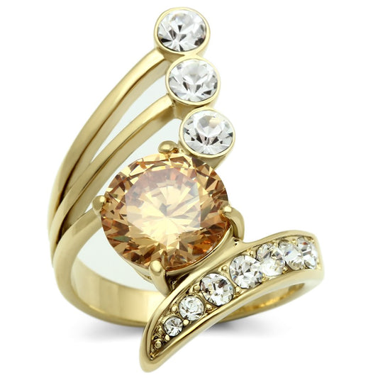 GL300 - IP Gold(Ion Plating) Brass Ring with AAA Grade CZ in Champagne-0