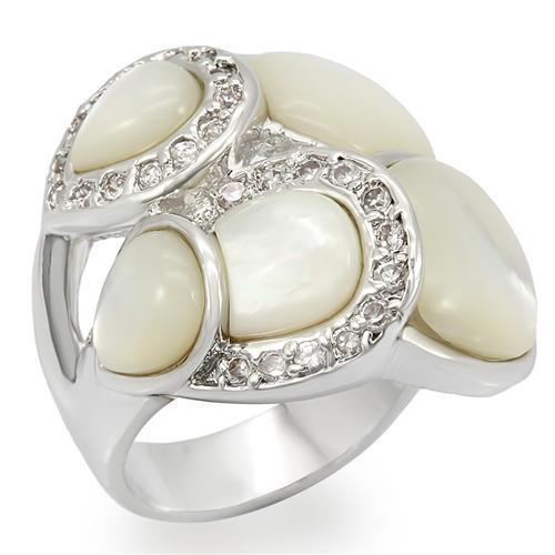 LO1044 - Rhodium Brass Ring with Precious Stone Conch in White-0
