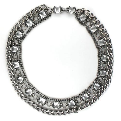LO1137 - Antique Silver Brass Necklace with Synthetic Synthetic Glass in Clear-0