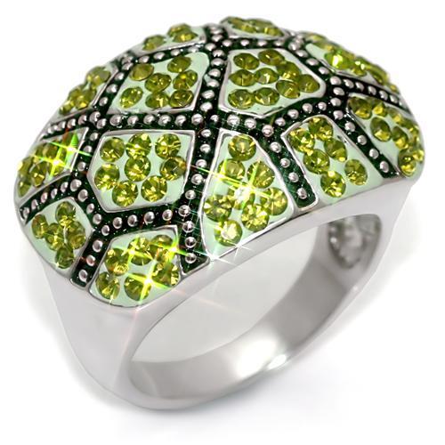 LO1519 - Rhodium Brass Ring with Top Grade Crystal in Olivine color-0