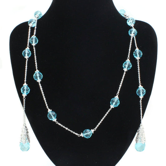 LO1714 - Rhodium White Metal Necklace with Synthetic Glass Bead in Sea Blue-0