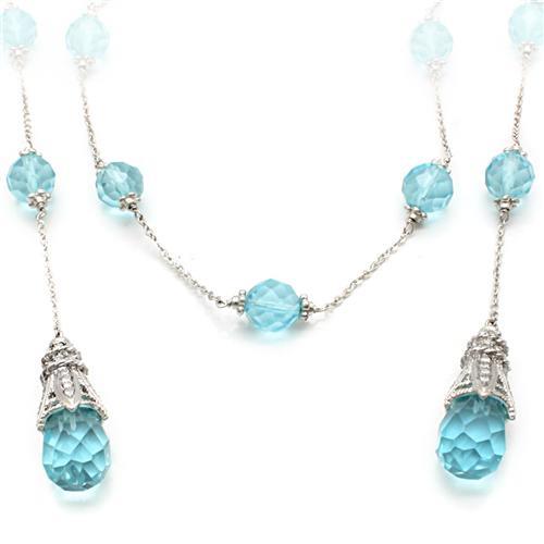 LO1714 - Rhodium White Metal Necklace with Synthetic Glass Bead in Sea Blue-1