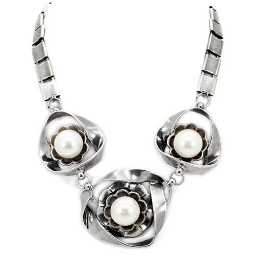 LO1867 - Antique Silver White Metal Necklace with Synthetic Pearl in White-0