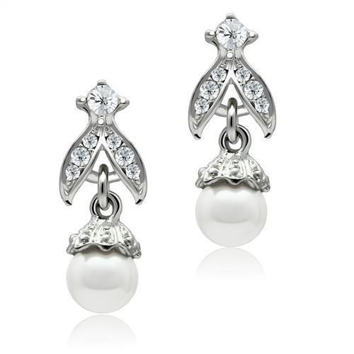 LO1988 - Rhodium White Metal Earrings with Synthetic Pearl in White-0