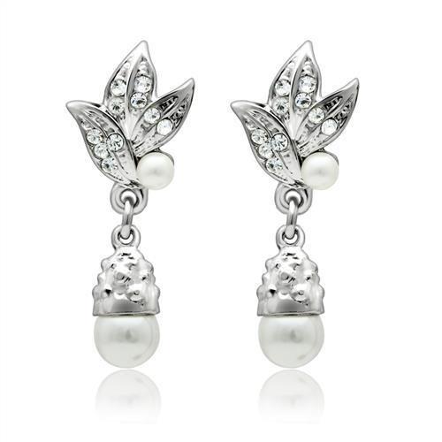 LO1992 - Rhodium White Metal Earrings with Synthetic Pearl in White-0