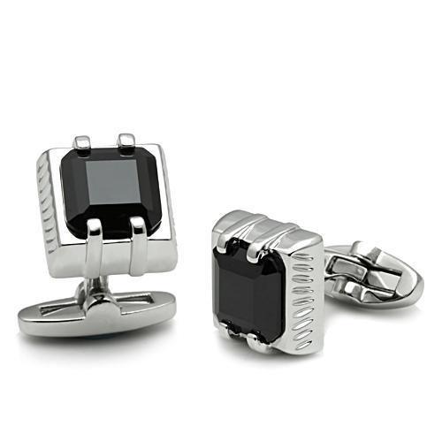 LO2305 - Rhodium Brass Cufflink with AAA Grade CZ in Jet-0