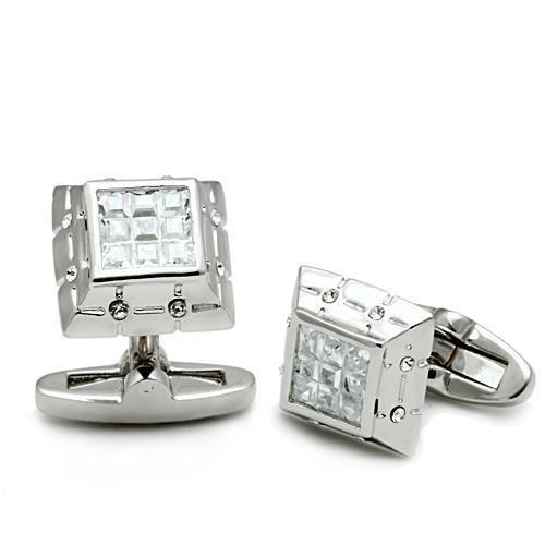 LO2306 - Rhodium Brass Cufflink with AAA Grade CZ in Clear-0