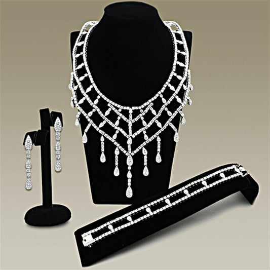 LO2428 - Rhodium Brass Jewelry Sets with AAA Grade CZ in Clear-0