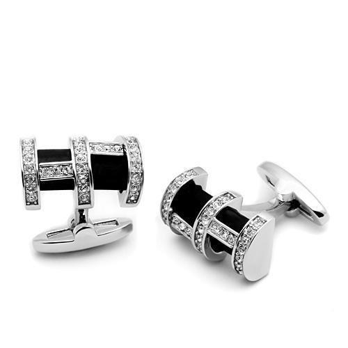 LO2629 - Rhodium Brass Cufflink with Top Grade Crystal in Clear-0