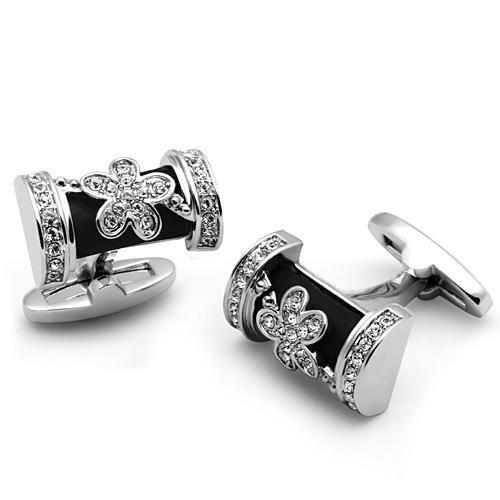 LO2632 - Rhodium Brass Cufflink with Top Grade Crystal in Clear-0
