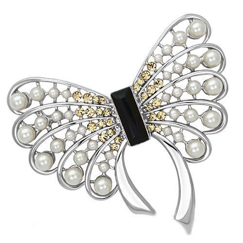 LO2868 - Imitation Rhodium White Metal Brooches with Synthetic Pearl in Jet-0