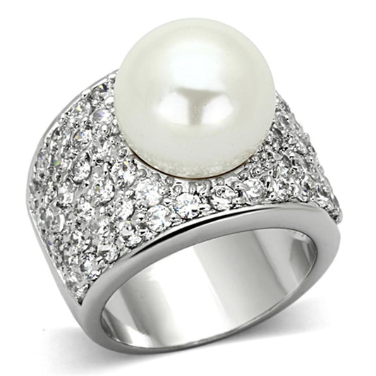 LO2951 - Rhodium Brass Ring with Synthetic Pearl in White-0