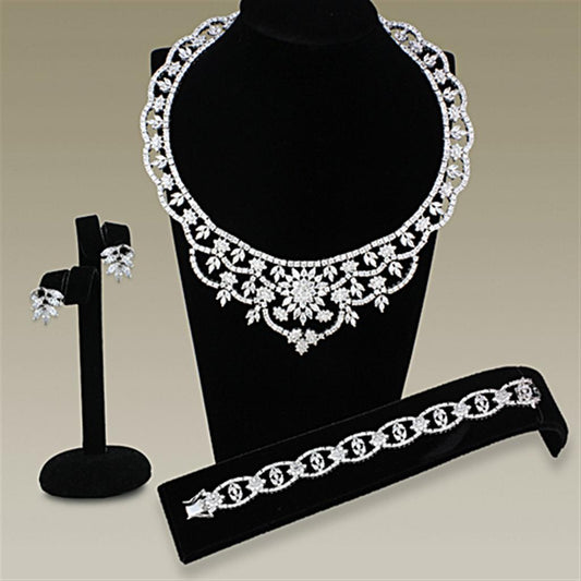 LO3291 - Rhodium Brass Jewelry Sets with AAA Grade CZ in Clear-0