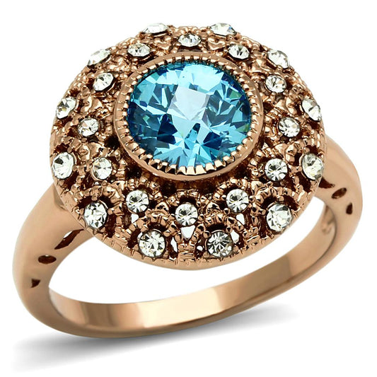 LO3535 - Rose Gold Brass Ring with AAA Grade CZ in Sea Blue-0