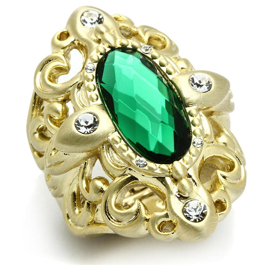 LO3665 - Gold & Brush Brass Ring with Synthetic Synthetic Glass in Emerald-0
