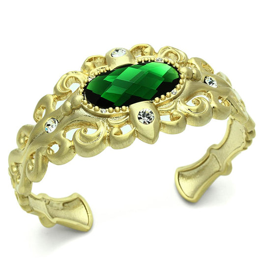 LO3666 - Gold & Brush Brass Bangle with Synthetic Synthetic Glass in Emerald-0