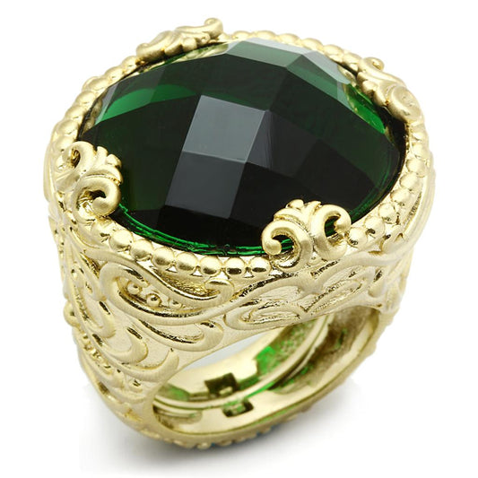 LO3675 - Gold & Brush Brass Ring with Synthetic Synthetic Glass in Emerald-0