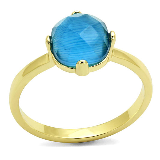 LO4073 - Flash Gold Brass Ring with Synthetic Cat Eye in Capri Blue-0