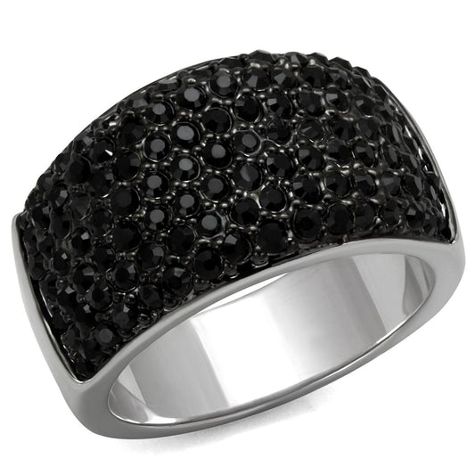 LO4086 - Rhodium+Hematite Brass Ring with Top Grade Crystal in Jet-0