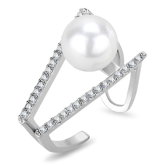 LO4245 - Rhodium Brass Ring with Synthetic Pearl in White-0