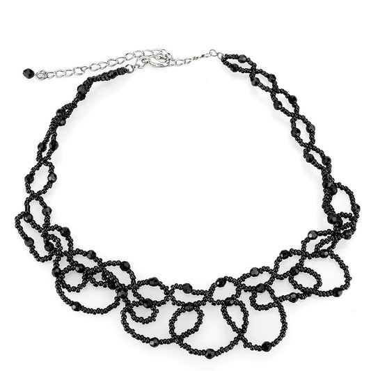 LO4721 - Rhodium Brass Necklace with Synthetic Synthetic Glass in Jet-0