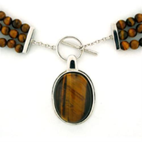 LOA278 - Rhodium 925 Sterling Silver Necklace with Semi-Precious Tiger Eye in Smoked Quartz-0