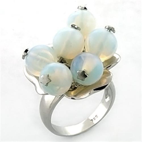LOA645 - Rhodium 925 Sterling Silver Ring with Synthetic Glass Bead in White-0