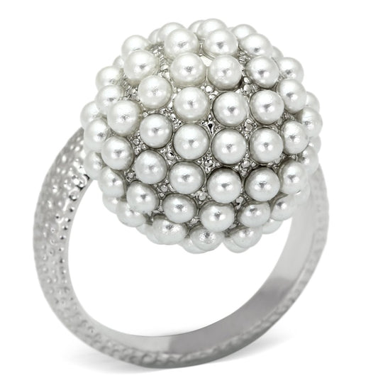 LOA831 - Rhodium Brass Ring with Synthetic Pearl in White-0