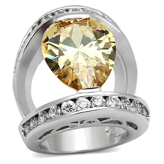 LOA922 - Rhodium Brass Ring with AAA Grade CZ in Champagne-0