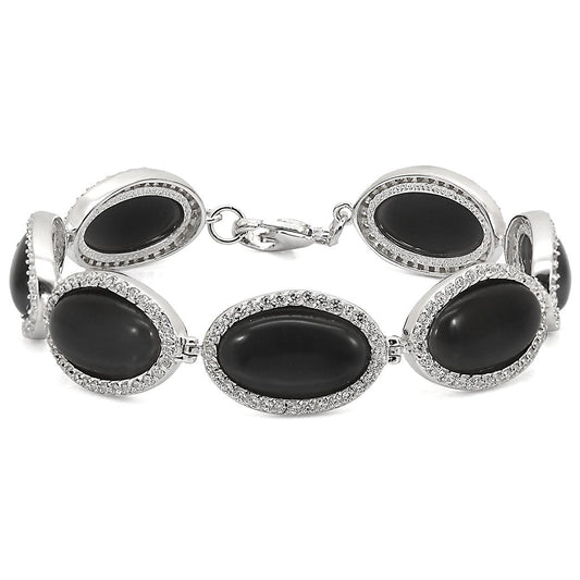 LOS330 - Rhodium 925 Sterling Silver Bracelet with Synthetic Cat Eye in Jet-0