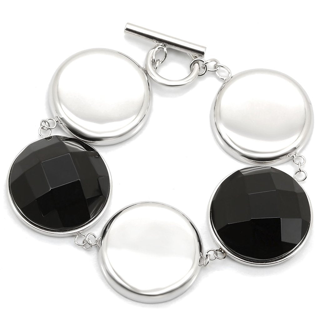 LOS333 - Rhodium 925 Sterling Silver Bracelet with Semi-Precious Agate in Jet-0