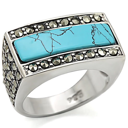 LOS461 - Antique Tone 925 Sterling Silver Ring with Synthetic Turquoise in Sea Blue-0