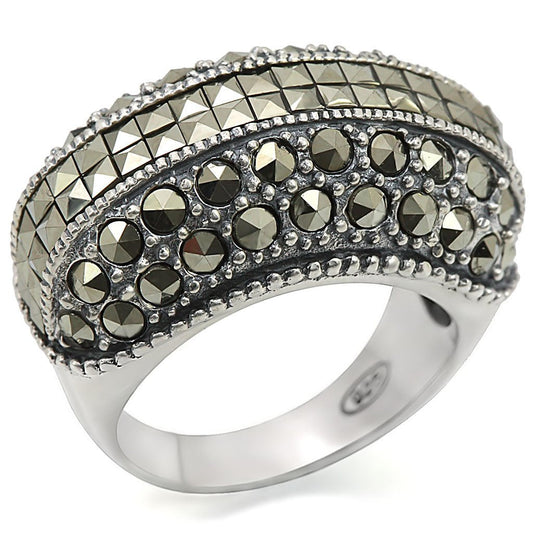 LOS466 - Antique Tone 925 Sterling Silver Ring with Synthetic Marcasite in Black Diamond-0