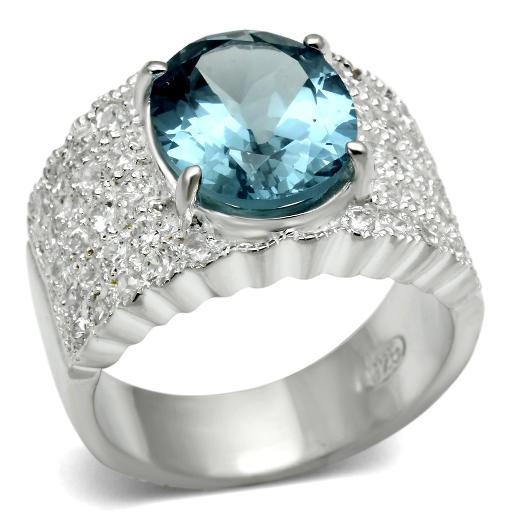 LOS551 - Silver 925 Sterling Silver Ring with Synthetic Spinel in Sea Blue-0