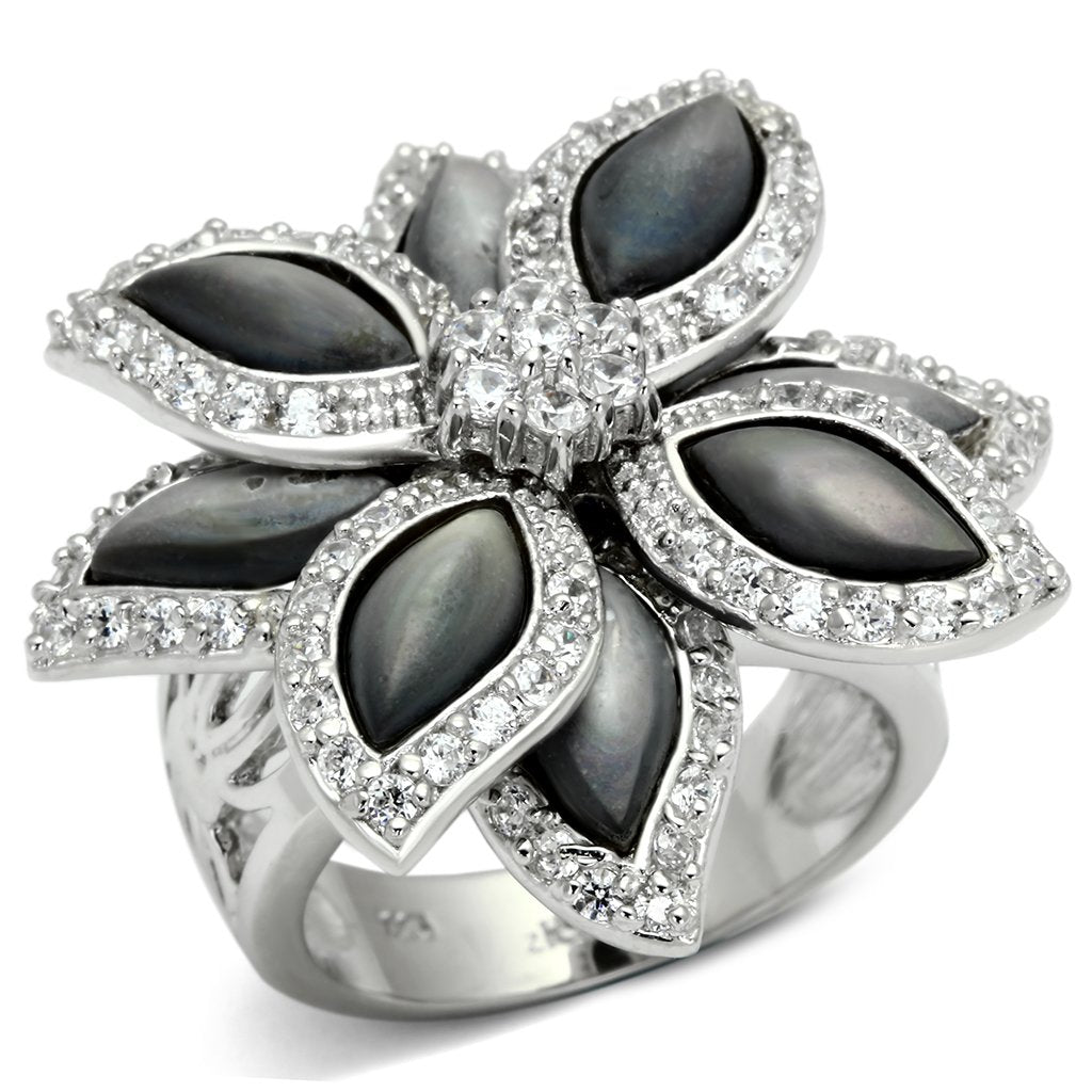 LOS555 - Rhodium 925 Sterling Silver Ring with Precious Stone Conch in Jet-0