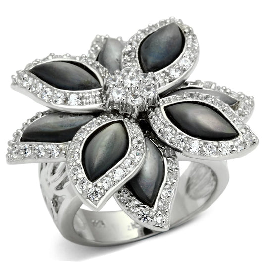 LOS555 - Rhodium 925 Sterling Silver Ring with Precious Stone Conch in Jet-0