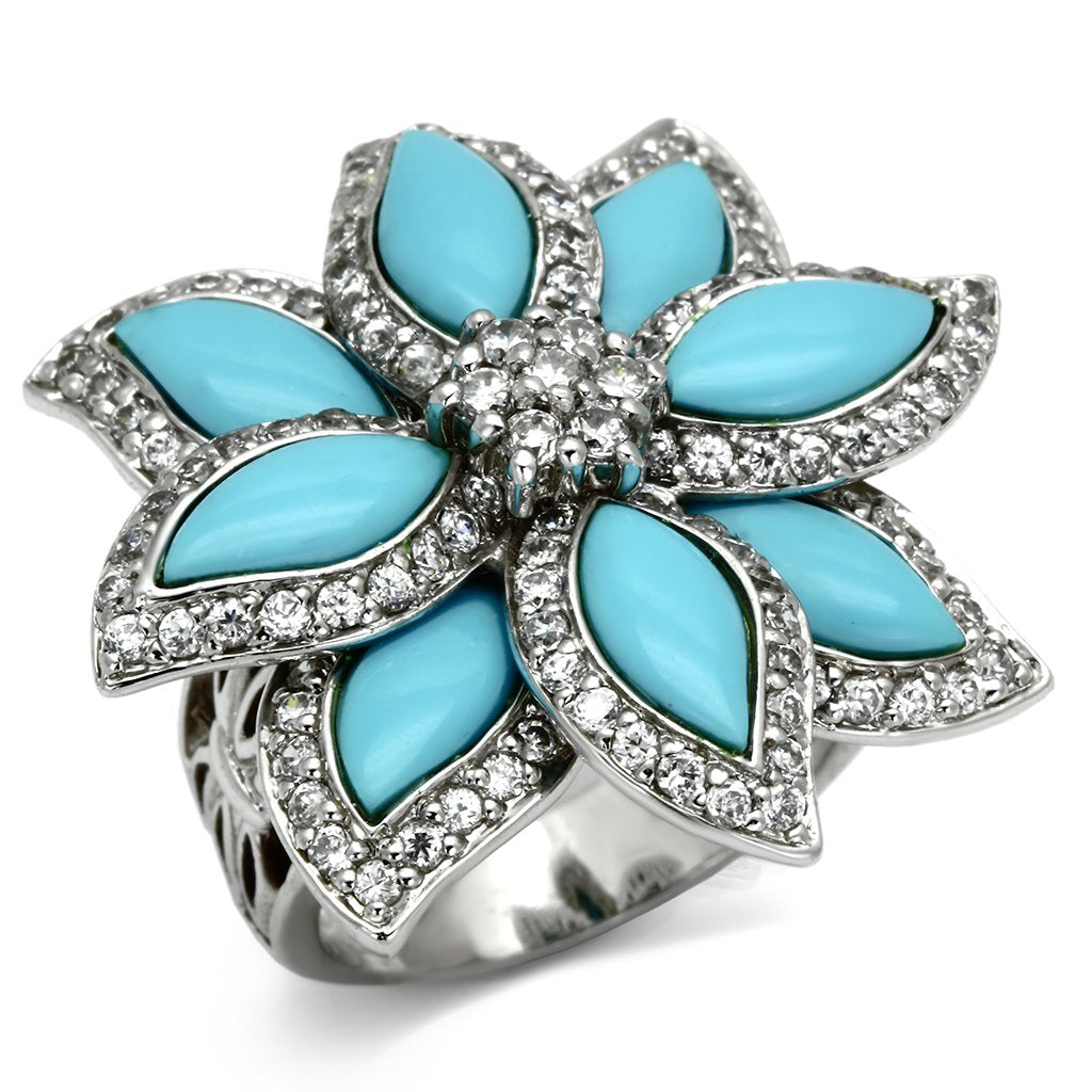 LOS557 - Rhodium 925 Sterling Silver Ring with Synthetic Turquoise in Sea Blue-0