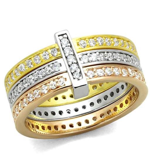 LOS811 - Rhodium + Gold + Rose Gold 925 Sterling Silver Ring with AAA Grade CZ in Clear-0