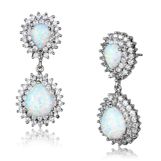 LOS879 - Rhodium 925 Sterling Silver Earrings with Semi-Precious Opal in Aurora Borealis (Rainbow Effect)-0