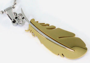 Gothic Gold Feather Cubic Zirconia Steel Mens Pendant Necklace MP053-0
