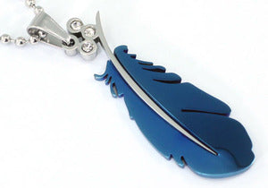 Gothic Blue Feather Cubic Zirconia Steel Mens Pendant Necklace MP054-0