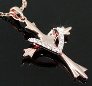 Cross Heart Rose Gold Plated Necklace w/ Austrian Crystal XN089-0