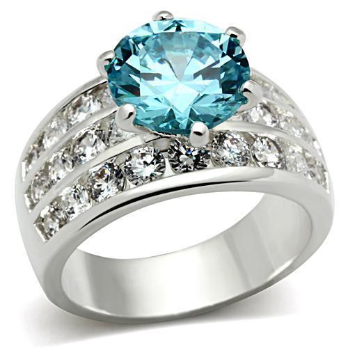 SS010 - Silver 925 Sterling Silver Ring with AAA Grade CZ in Sea Blue-0